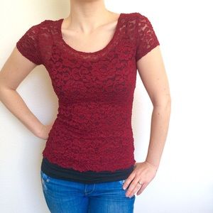 Curvy Maroon Burgundy Rose Lace Stretch Scoop Neck
